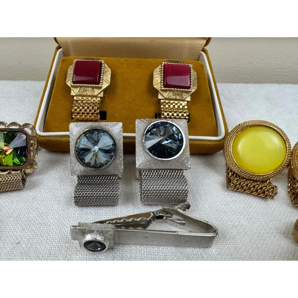 Vintage MCM Mens Cufflink Mesh Wrap Lot 6 w Tie Pins